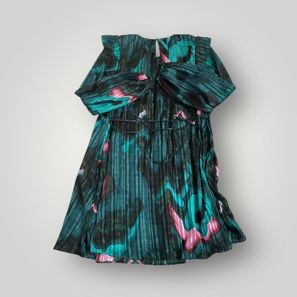 Nine West Ruffle Sleeve Blouson Mini Dress Women Medium Green Whimsigoth Shimmer - Picture 6 of 15